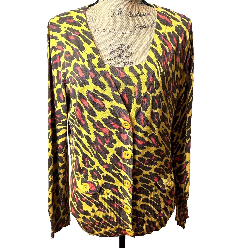 Ambiente Women Yellow/Brown Animal Print Cardigan Tank 2 Piece Knit Set Sz 10